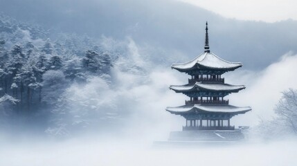 Snow-covered Pagoda Emerging from Misty Mountains