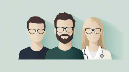 Three diverse people wearing glasses, including a woman in a doctor's coat.