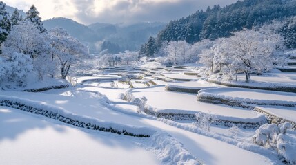 Obraz premium Snow-Covered Rice Terraces in a Mountainous Landscape