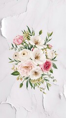 Fototapeta premium Hand drawn watercolor bouquet on white background. Beautiful gentle flowers in the composition. Roses. Design for card, invitation