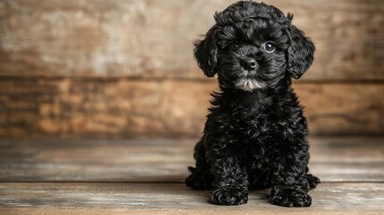   Small black dog sits on wooden floor, facing camera