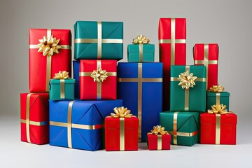 Colorful Gift Wrapped Presents in Red Blue and Green with Gold Ribbons on Isolated Background