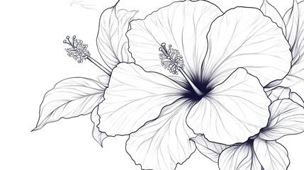 Hibiscus flower outline illustration, Freehand sketching flower, Black and white with line art illustration.
