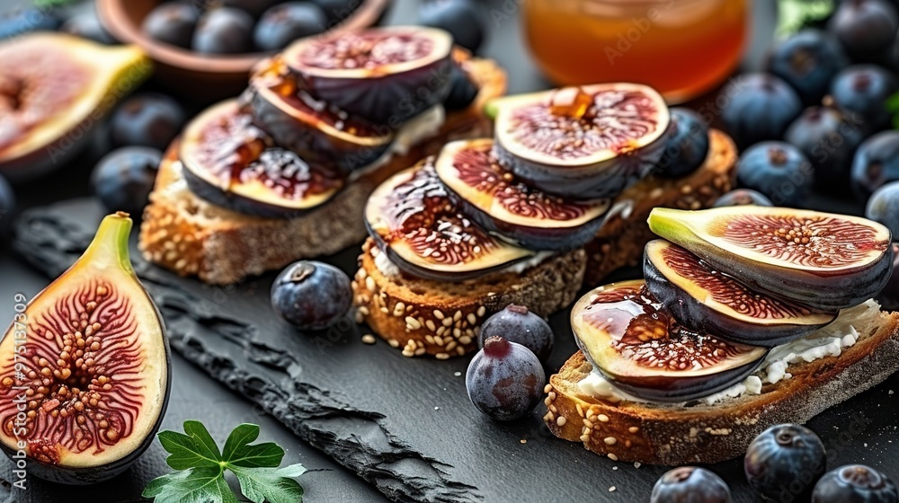 Canvas Prints   A close-up of a plate of figged bread and a jar of honey behind