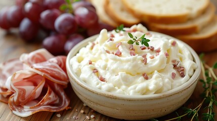   A close-up of a bowl filled with grapes and crumbly bread on a table with a slice of bread next to it