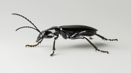 vibrant blister beetle showcases its elongated, slender form and glossy black exterior, elegantly positioned on a clean white surface, highlighting its intricate details.