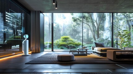 Modern living room with large windows overlooking a lush green garden. Interior design, home decor, and luxury living concept.