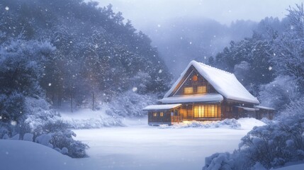 Snowy Cabin in the Woods with Glowing Windows