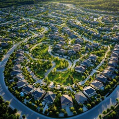Aerial View of a Suburb with Winding Roads and Lush Greenery