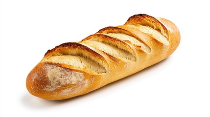   A single loaf of bread sits atop a white table, with a separate slice positioned beside it