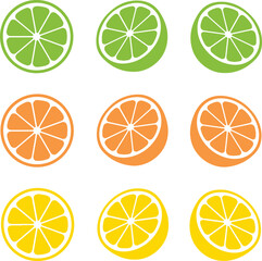 Icon set of  lime orange lemon fruits from different views. Icons flat vector illustrations isolated on white transparent background