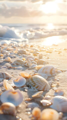 Close-up beach background with seashells, gentle waves, and bright sky