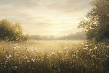 Golden Hour Light Illuminates a Field of Wildflowers