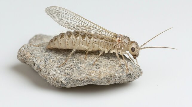 dobsonfly nymph navigates its way over a rock, showcasing its segmented body and intricate details, illuminated against a smooth white backdrop.