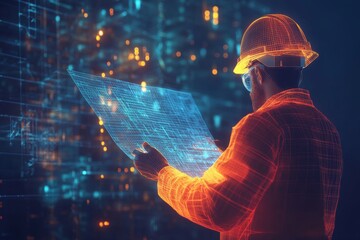 Architect or engineer in hard hat examining blueprints with 3d vector illustration of gas industry