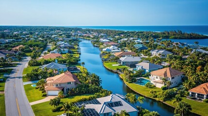 Aerial View of Waterfront Homes with a Winding Canal