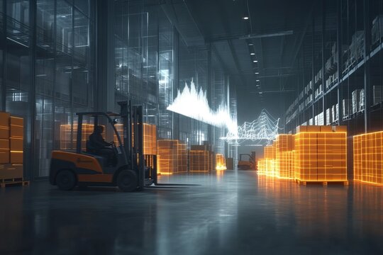 Illuminated 3d warehouse with holographic visuals, forklifts, and dynamic data representation - Powered by Adobe