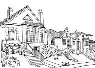 Nice old street in San Francisco, California, USA. Urban sketch. Hand drawn urban landscape. Line art. White background. Vector illustration. Vintage postcard style.