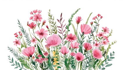 Wreath of watercolor plants, pink flowers and wildflowers;  hand painted isolated illustrations on a white background