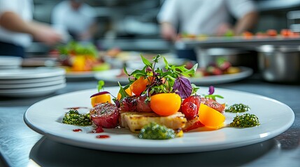 Gourmet Salad with Grilled Meat and Tomatoes on a White Plate