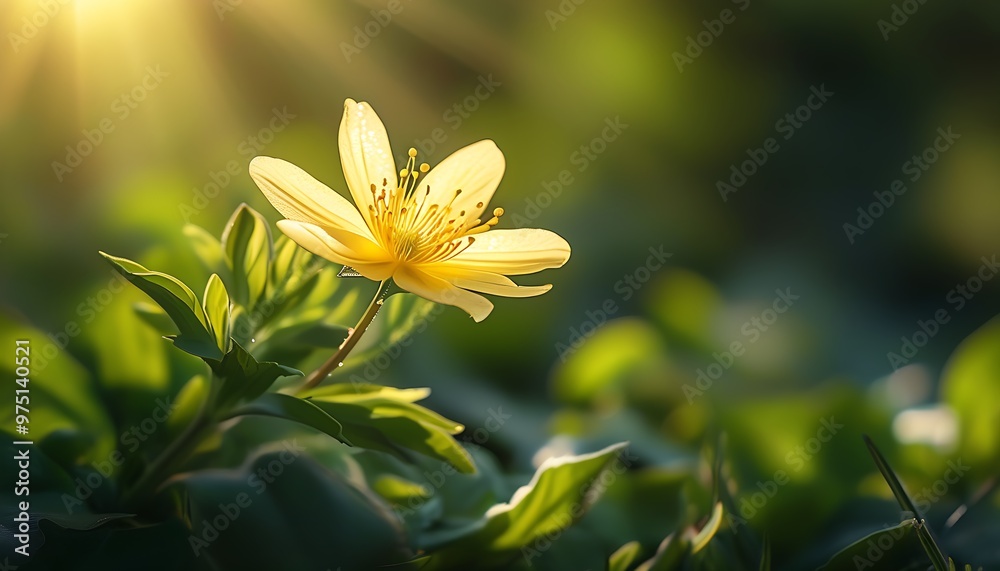 Wall mural in a green natural environment, a clear yellow flower shines in the sun, surrounded by rich leaves.