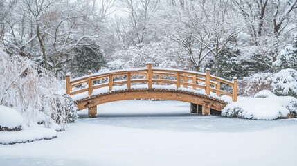 Wooden Bridge Over a Frozen Pond in a Snowy Forest
