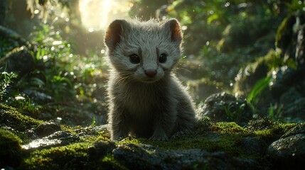 Naklejka premium A close-up of a small animal in a field surrounded by trees and sunlight filtering through the leaves
