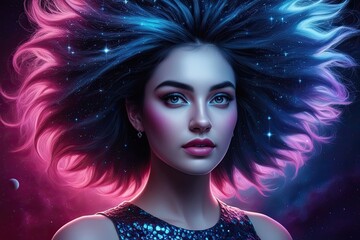 Fototapeta premium Mesmerizing Cosmic Art Capturing a Young Woman with a Starry Hair in Vibrant Psychedelic Design