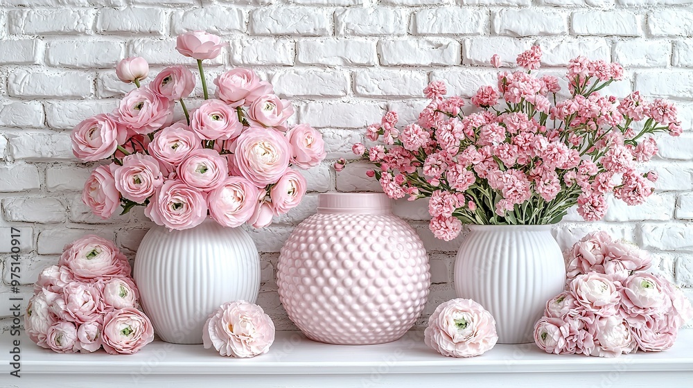 Canvas Prints   Pink flowers in vases on a white brick wall next to a white brick background