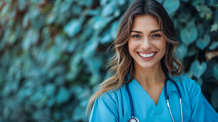 A beautiful happy doctor in a medical uniform