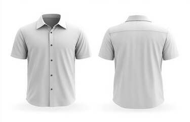 A white collared shirt with short sleeves, shown from the front and the back. The shirt is buttoned up with black buttons, and it is isolated on a white background.