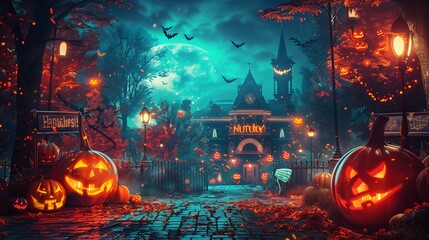 Spooky Halloween Town with Jack o' Lanterns, Bats, and Full Moon