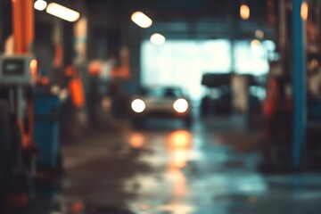 Fototapeta premium Blurred background of an auto body shop featuring tools and vehicles in the workshop