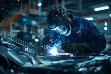 Expert technicians skillfully welding car body in a neat automotive repair shop environment