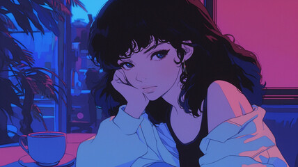 70年代、80年代のシティポップを意識した女性のアニメ風イラスト,レトロポップ,日本人,懐かしい,エモい,J-pop,エモーショナル,チル,背景素材