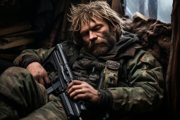 Fototapeta premium a soldier with a gunshot and dirty clothes lies in the ruins of a house.
