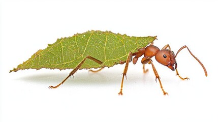 remarkable ant showcases its powerful mandibles and strong legs while transporting a vibrant green leaf, highlighting its industrious nature in a stunning display.