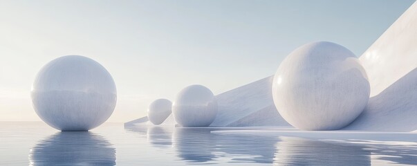Surreal landscape with large white spheres on water, abstract art concept
