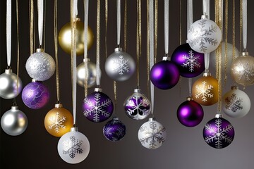 Beautiful Collection of Gold Silver Purple and Frosted Christmas Ornaments Hanging from Elegant Ribbons with Detailed Snowflake Patterns