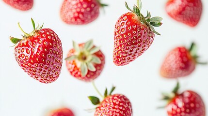   Strawberries float airward, leaves still affixed to their tops