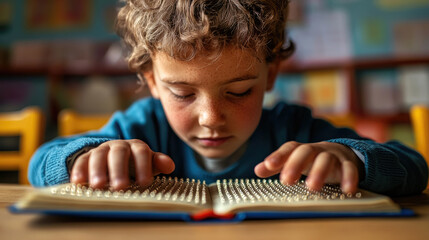 blind child running fingers across braille book page with school classroom in background, blindness, schoolboy, disabled boy, children, disability, kid, person, human, hand, education, textbook