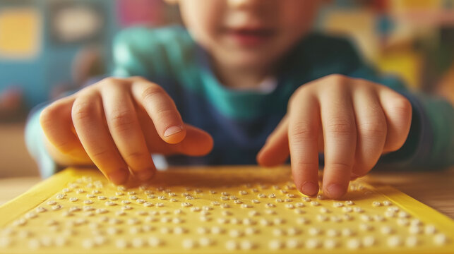 blind child running fingers across braille book page with school classroom in background, blindness, schoolboy, disabled boy, children, disability, kid, person, human, hand, education, textbook