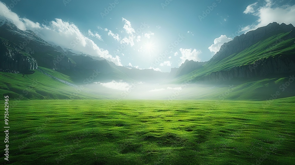 Wall mural   Grassy field surrounded by mountains; bright sun overhead at midday