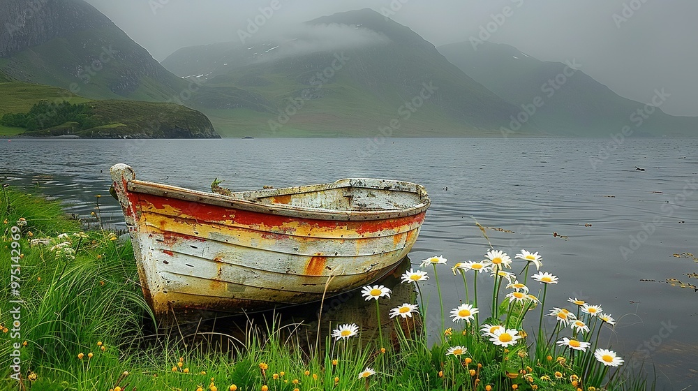 Canvas Prints  An old boat rests on a lake shore amidst daisies, while majestic mountains loom behind