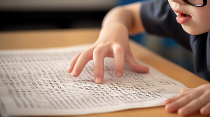 blind child running fingers across braille book page with school classroom in background, blindness, schoolboy, disabled boy, children, disability, kid, person, human, hand, education, textbook