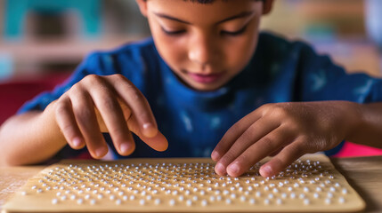 blind child running fingers across braille book page with school classroom in background, blindness, schoolboy, disabled boy, children, disability, kid, person, human, hand, education, textbook