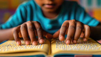 blind child running fingers across braille book page with school classroom in background, blindness, schoolboy, disabled boy, children, disability, kid, person, human, hand, education, textbook