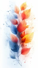 Watercolor Leaves in Blue, Red, and Orange Hues - A soft watercolor composition featuring delicate blue, red, and orange leaves, creating a light, organic, and artistic design.
