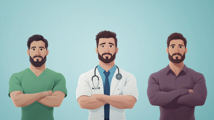 Fototapeta premium Three men, a doctor, a nurse, and a businessman, stand with their arms crossed, ready to work.