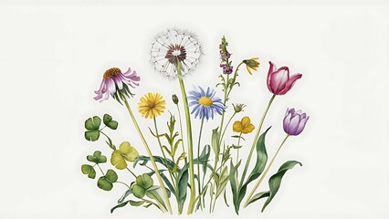 Set of watercolor summer wildflowers: dandelion, cornflower, clover, tulip; hand painted isolated illustrations on a white background